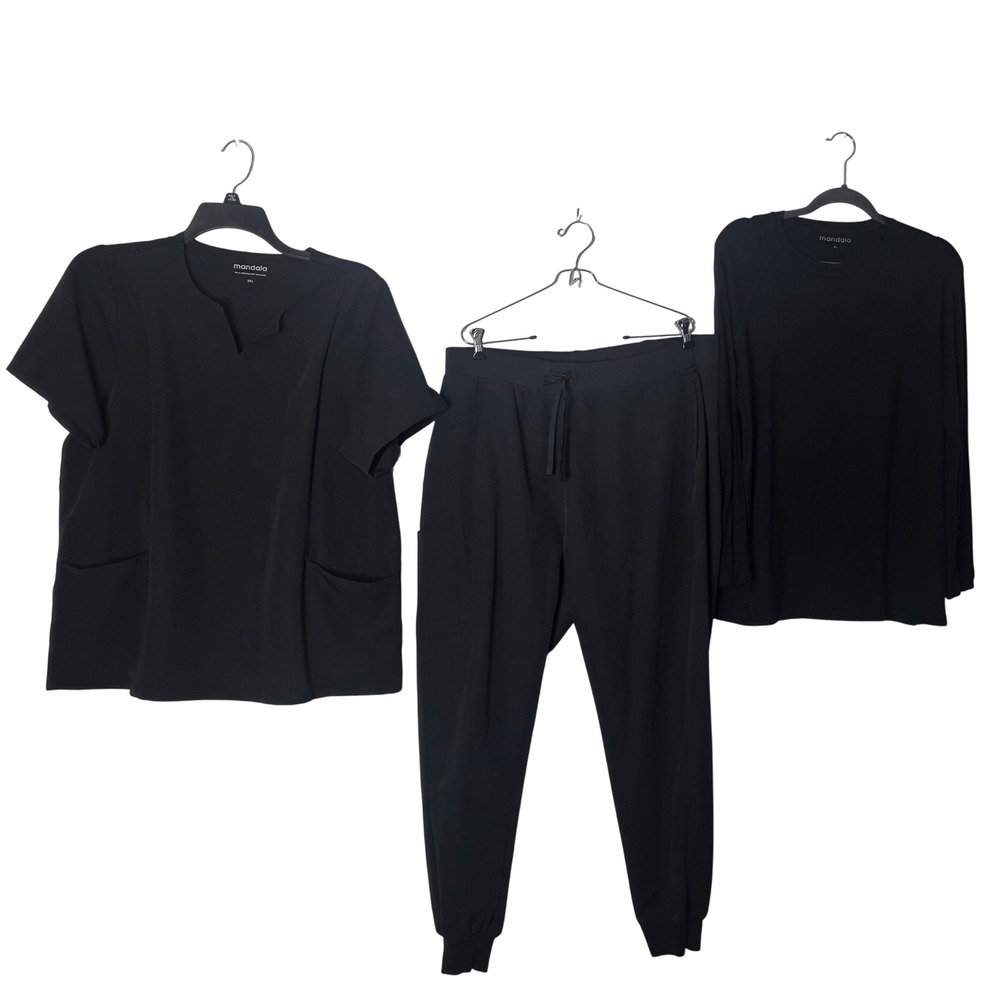 Mandala Black Scrub Set 3pc XL 2XL Jogger Pants Notch Top Underscrub Equa-Tek